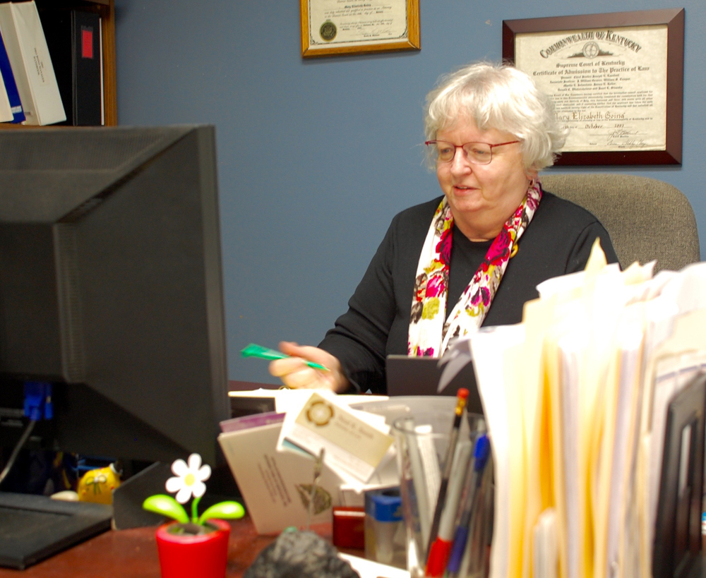 Mount Tabor Benedictine Sr. Mary Going works on a case at the Appalachian Research & Defense Fund of Kentucky in Prestonsburg, Kentucky, where she is an attorney. (GSR photo / Dan Stockman)