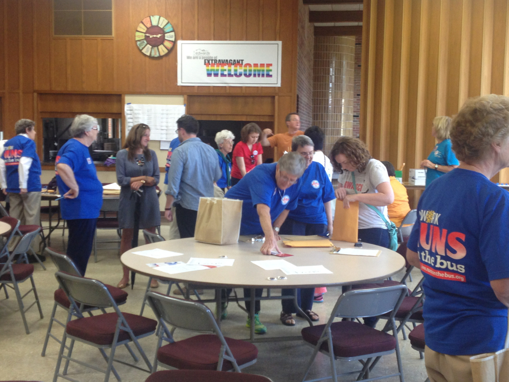 Encouraging people to register to vote - and to exercise that right this November and always - is part of the work of Nuns on the Bus this year, in addition to the Town Hall for the 100% meetings. Saturday afternoon, they gathered at Edwards Congrecational UCC in Davenport, Iowa, to get ready to go knock on doors. (Courtesy of NETWORK)