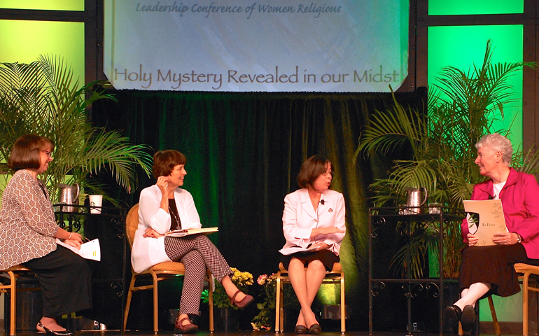 From left: Sr. Catherine Bertrand, Sr. Nancy Conway, Sr. Ana Lydia Sonera Matos, and Sr. Margaret Ormond take part in a panel discussion Wednesday at the LCWR assembly in Nashville, Tenn. (Dan Stockman)