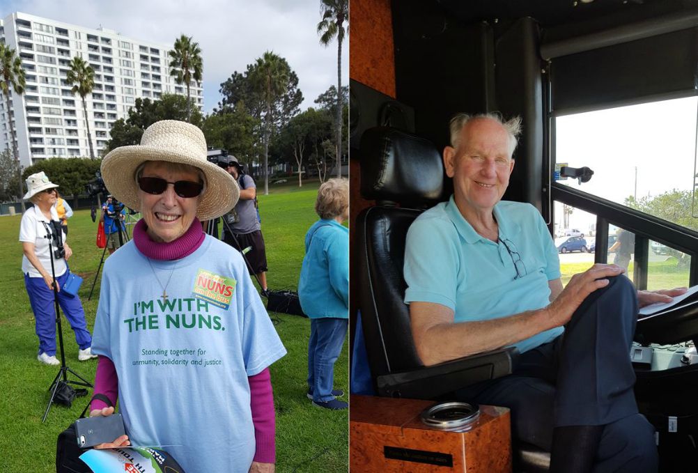 Left: It was fun to meet a fan of Nuns on the Bus at the Santa Monica beachfront at our Oct. 8 kickoff event. Right: Glenn Childress of Nashville, Tennessee, has a lot of miles under his belt and will be our driver all the way to the end of the route at Mar-a-Lago in West Palm Beach, Florida. (GSR photos / Michele Morek)