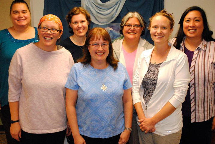The Giving Voice attendees who have made or will make final vows in 2015: (back row, from left) Margaret Mary Foley, OSF; Alison Green, SSMO; Jenny Wilson, RSM; Thuy Tran, CSJ; (front row, from left) Julia Walsh, FSPA; Amy Taylor, FSPA; Jessi Beck, PBVM (GSR photo/Dawn Cherie Araujo)