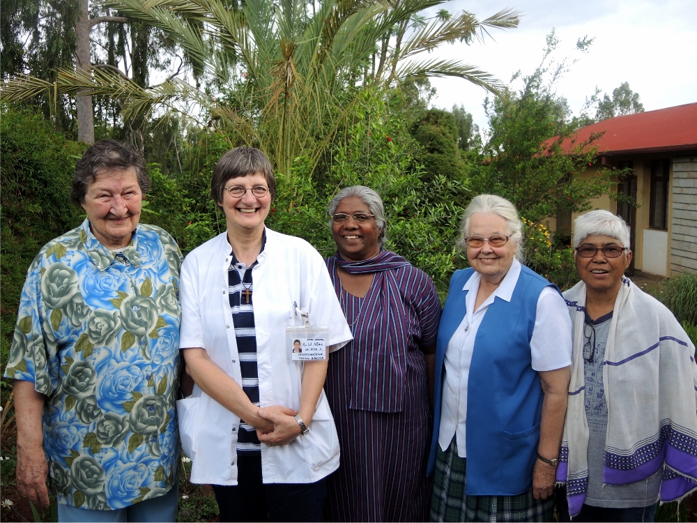 The Medical Mission Sisters in Attat, from left, Sr, Elaine Kohls, who lives in Addis Ababa and does not work at the hospital; Sr. Dr. Rita Schiffer; Sr. Elise Kurisummoottil of India; Sr. Inge Jansen of Germany; and Sr. Dr. Antonia Redito of the Philippines. Not pictured are two Ethiopian Medical Mission Sisters, Sr. Nigist Biru, a health officer, and Sr. Belaynesh Abera, the hospital administrator. The Ethiopian sisters were at home visiting their families for Ethiopian Easter. (GSR photo / Melanie Lidman)