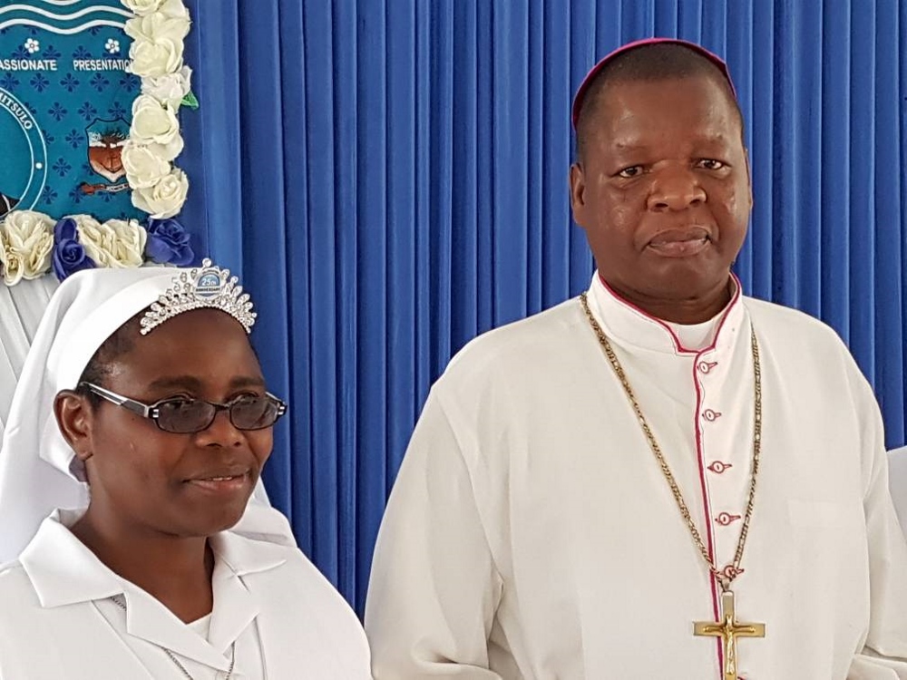 Sr. Blandina Kamba, the current leader and re-founder of the Sisters of Presentation of Virgin Mary, a local congregation in Malawi, at her 25th anniversary of profession with Bishop Emmanuele Kanyama (GSR photo / Joyce Meyer)
