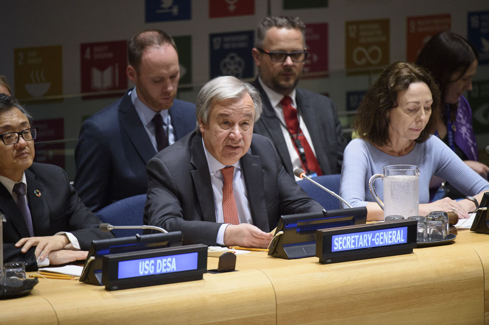 U.N. Secretary-General António Guterres, center, addresses the closing session of the High-level Political Forum on Sustainable Development. At left is Liu Zhenmin, Under-Secretary-General for Economic and Social Affairs, and at right is Marie Chatardová, President of the Economic and Social Council and Permanent Representative of the Czech Republic to the United Nations. (U.N. photo)