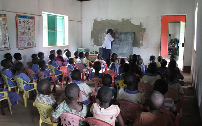 At a nursery school in Riimenze, a small village near Yambio, South Sudan, a sister from Solidarity with South Sudan teaches a class. There are four classes like this, but only two teachers, said Spanish Sr. Anna Sánchez Boira of the Congregation of Missionary Daughters of the Holy Family of Nazareth. (Provided photo)
