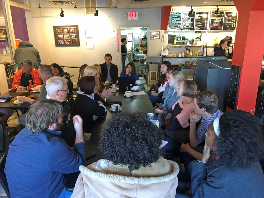 A woman talks about the trappings and monopolization of mail-order pharmacies at a November Health Care Story Share in St. Louis. This was the second Health Care Story Share I organized, and I had archived the woman's story for our bank the month before. (Adele McKiernan)