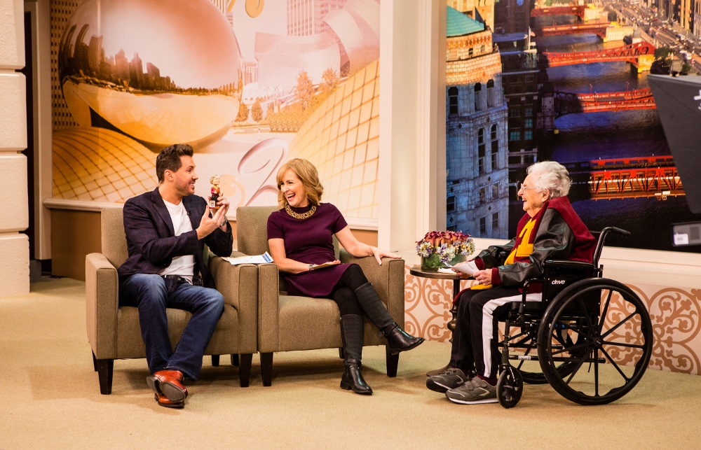 Sr. Jean Dolores Schmidt, right, on the set of "Windy City Live" on March 12 with co-hosts Ryan Chiaverini and Tracy Butler (CNS / Loyola University Chicago)