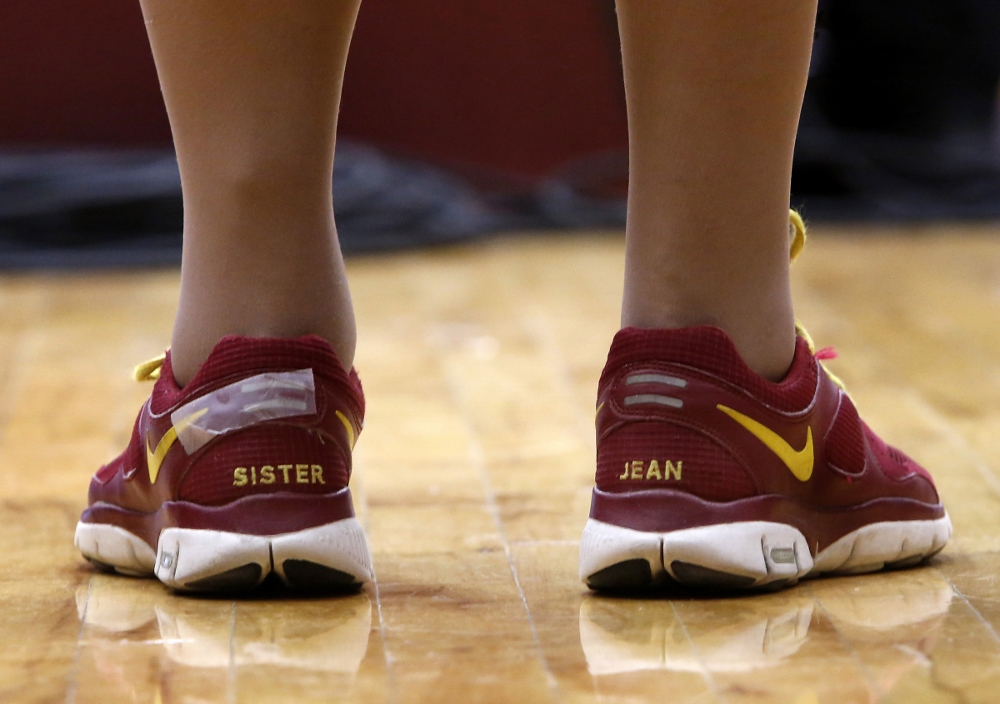 Sr. Jean Dolores Schmidt wears her monogrammed Nike tennis shoes at a Feb. 12, 2018, game in Chicago. (CNS/Chicago Catholic/Karen Callaway)