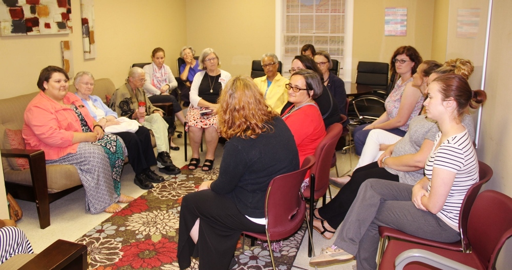 Nuns on the Bus listening to the sacred stories of women impacted by the gaps in Jefferson City, Mo., July 13 (Jennifer Wong / Courtesy of NETWORK)