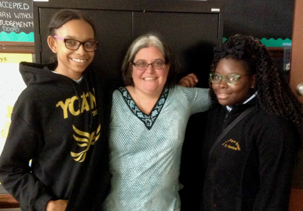 Mercy Sr. Jennifer Wilson with two of her students (Jennifer Ness)