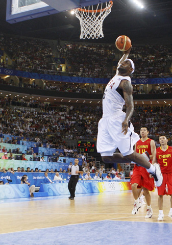 LeBron James goes for a slam-dunk against China during a basketball game at the 2008 Olympic Games in Beijing. (CNS/Reuters/Lucy Nicholson)
