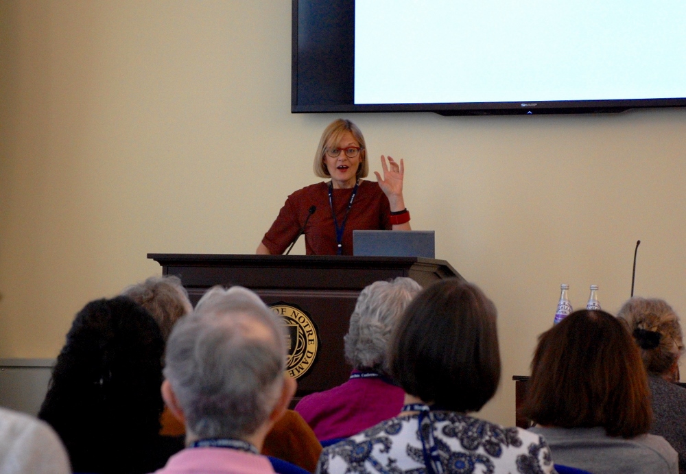 Lancaster University sociologist Linda Woodhead, M.B.E., presented a keynote address, “Nuns and the Significance of the ‘In-out Marginal’” Friday at the Nun in the World symposium in London. (Dan Stockman)