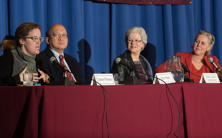 From left: Lauren Winner, Peter Phan, Nancy Ammerman and Serene Jones speak at a Dec. 2 panel titled "Spiritual and Religious: What Can Religious Traditions Learn from Spiritual Seekers?" at Fordham University's Center on Religion and Culture. (Leo Sorel)