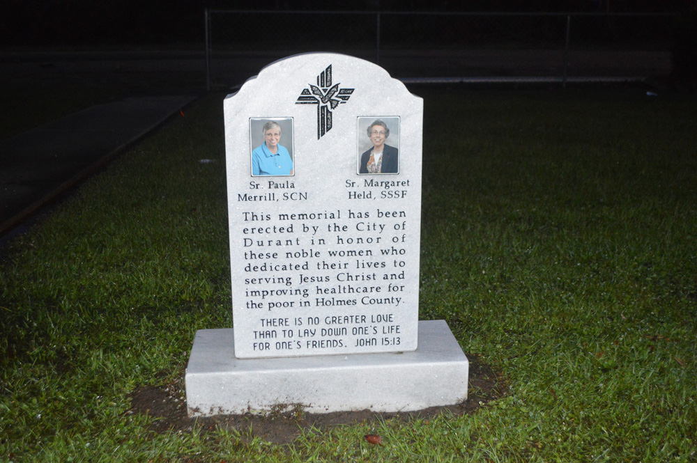 A memorial dedicated to Sr. Paula Merrill of the Sisters of Charity of Nazareth and Sr. Margaret Held of the School Sisters of St. Francis in Milwaukee was blessed and dedicated May 20, 2017, in Durant, Mississippi. (CNS / Mississippi Catholic / Ruthie Robison)