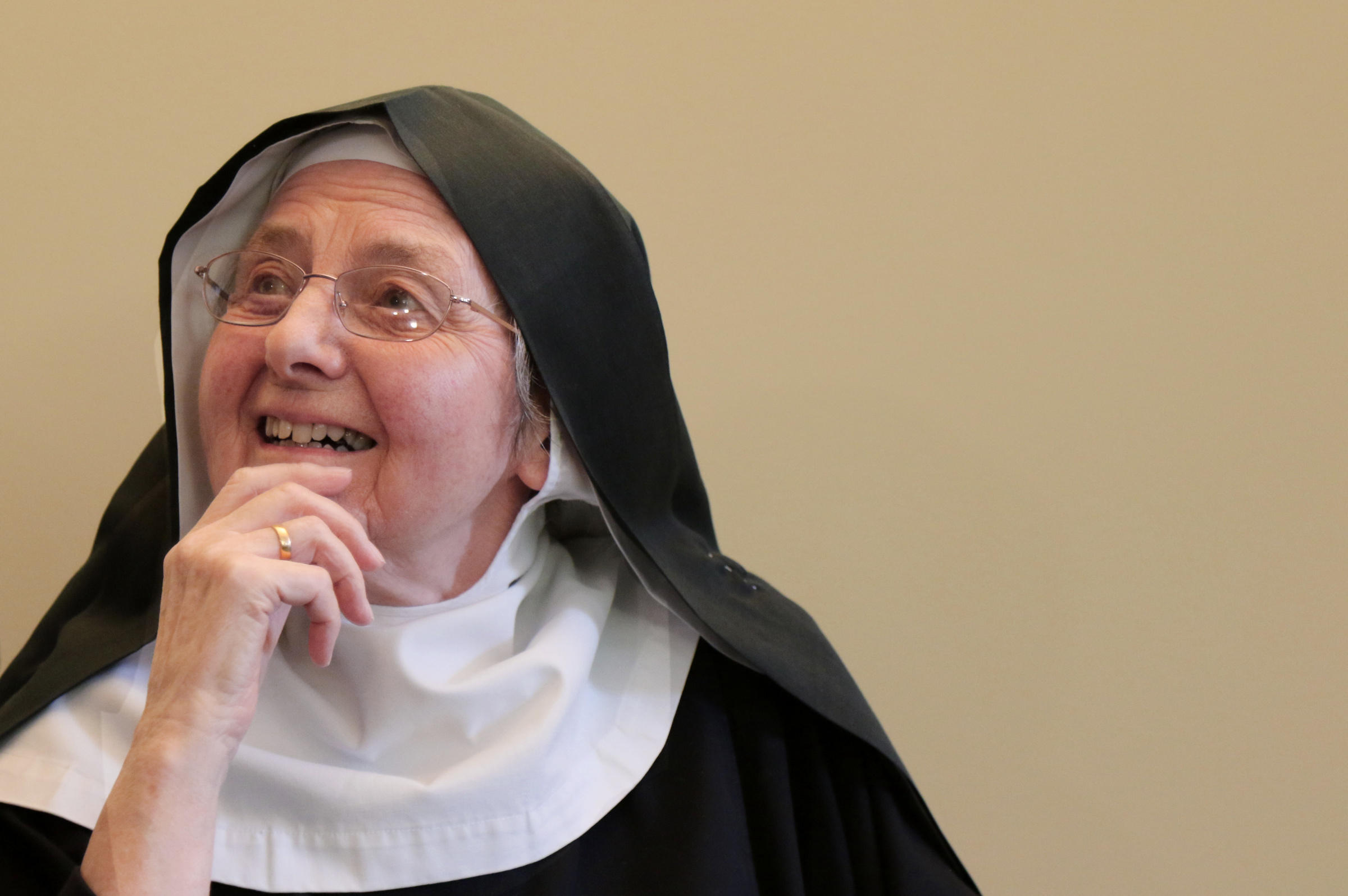 Mother Joanna Jamieson during the Sept. 26 unveiling of the mural of Venerable Magdalen Taylor at the Kairos Centre in London (CNS / Simon Caldwell)