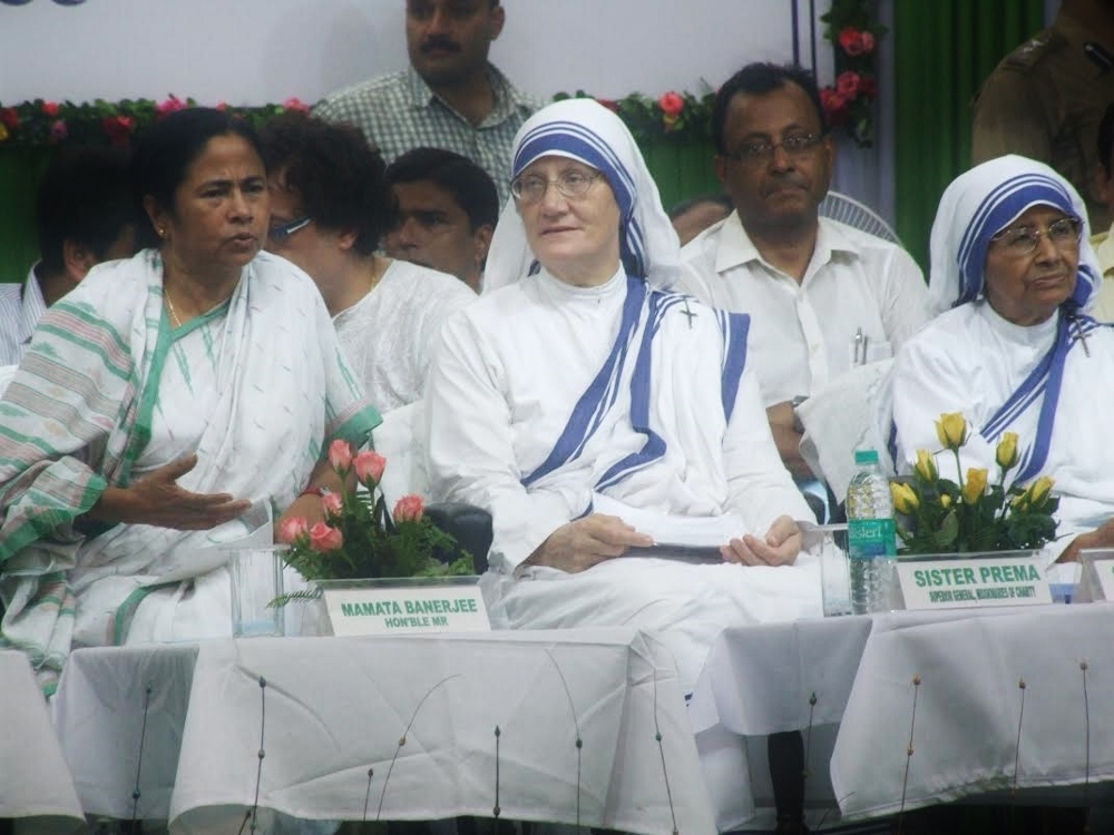 Missionaries of Charity nuns speak at a public function to launch the "Mother Express" train with West Bengal Chief Minister Mamata Banerjee, Sr. Prema and the late Sr.Nirmala. (GSR photo / Julian S. Das)