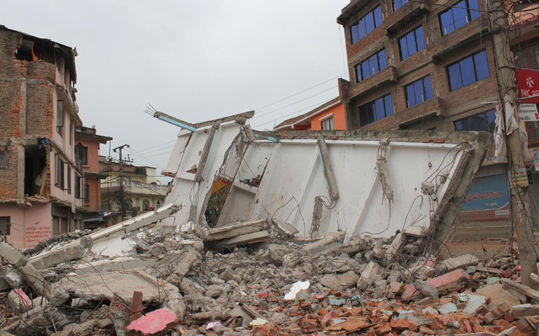 Remains of the Pentecostal Church are seen April 28 in a suburb outside Kathmandu, Nepal. Twenty-nine worshippers died and 36 trapped people were rescued after the church building collapsed following a magnitude-7.8 earthquake April 25. (CNS/Anto Akkara)