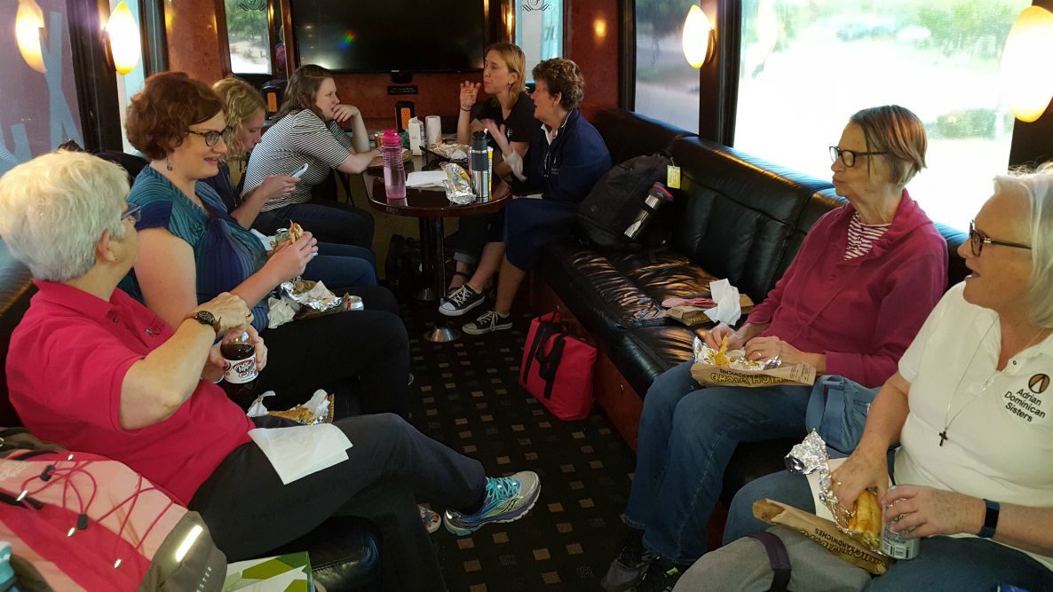 Sisters and staff use the back of the bus as workroom and living area. (GSR photo / Michele Morek)