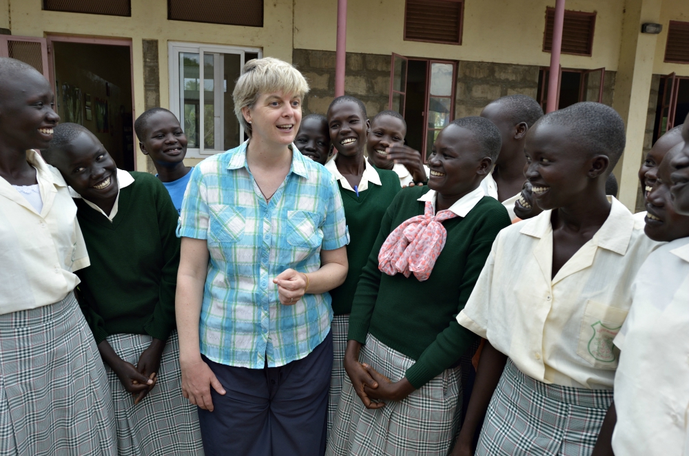 Loreto Sr. Orla Treacy talks with girls at the Loreto Secondary School in Rumbek, South Sudan. Treacy is principal of the school, which is run by the Institute for the Blessed Virgin Mary — the Loreto Sisters — of Ireland. (Paul Jeffrey)