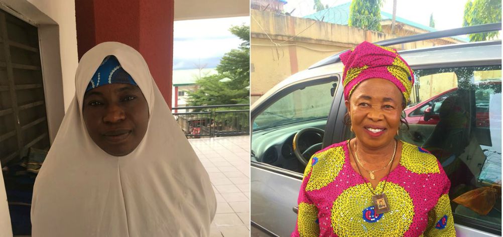 Hajya Fatima Isiaka, left, is co-deputy director of the Women of Faith Peacebuilding Network in Abuja, Nigeria; right: Ekene Ofodili is a Catholic laywoman who oversees the six chapters in Abuja alongside Isiaka. (Festus Iyorah)