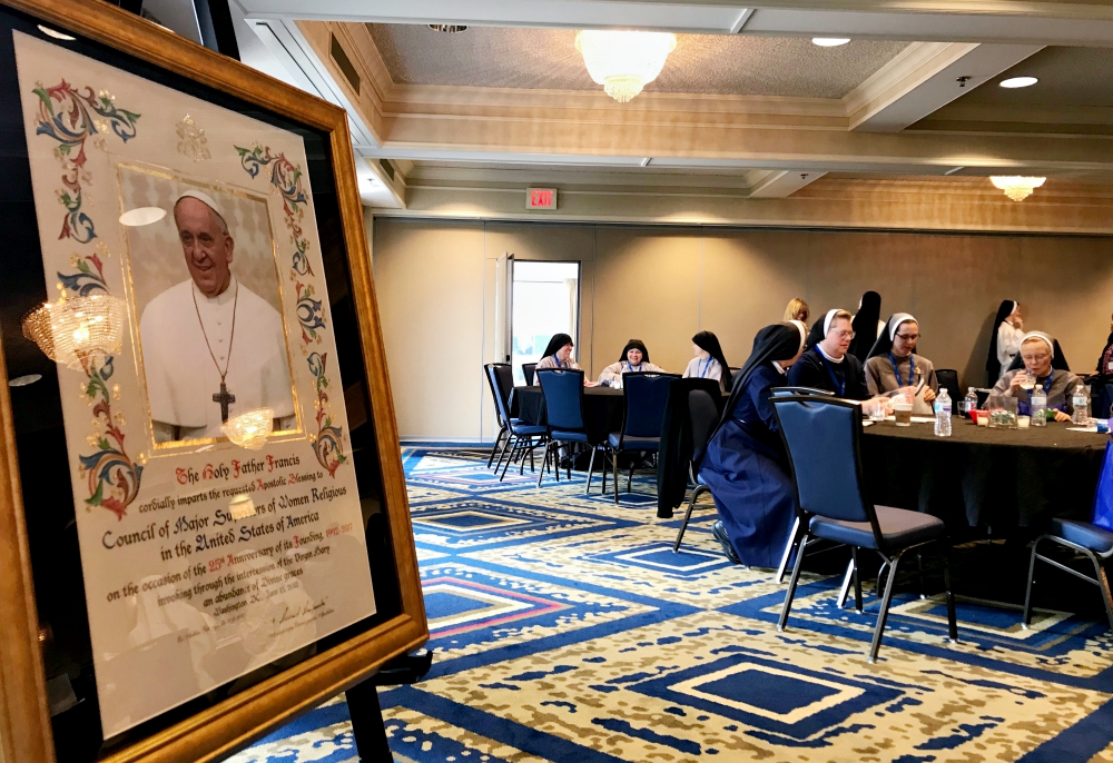 A papal blessing for CMSWR's 25th anniversary on display at the front of the ballroom at the 2017 CMSWR annual assembly, held Oct. 12-15 in St. Louis. (GSR photo / Dawn Araujo-Hawkins)