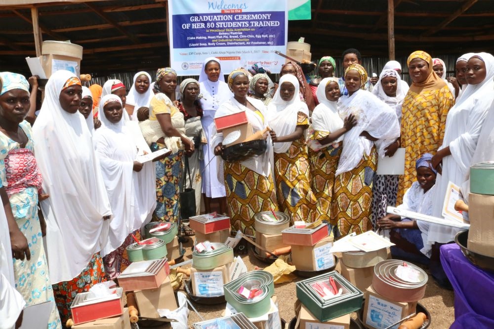Participants of a Women of Faith Network empowerment program organized in 2017 learned catering and were given catering equipment afterward to try their businesses. (Courtesy of Sr. Agatha Chikelue)