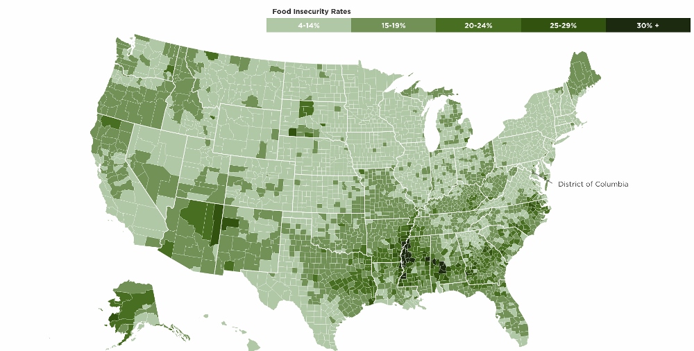 Screenshot of food insecurity map by Feeding America.