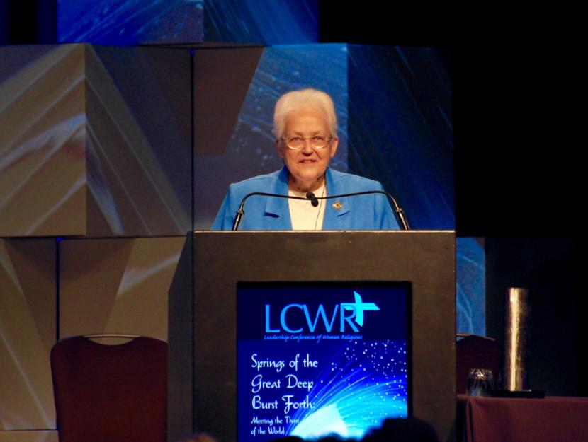 Immaculate Heart of Mary Sr. Sharon Holland speaks at the 2015 national assembly of the Leadership Conference of Women Religious (GSR photo / Dan Stockman)