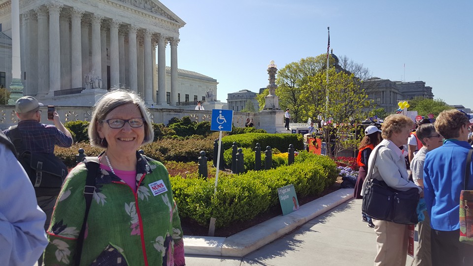 Social Service Sr. Simone Campbell, executive director of NETWORK, a lobbying organization based in Washington, D.C., was among the sisters and other supporters at the Supreme Court April 18. (GSR photo / Gail DeGeorge)