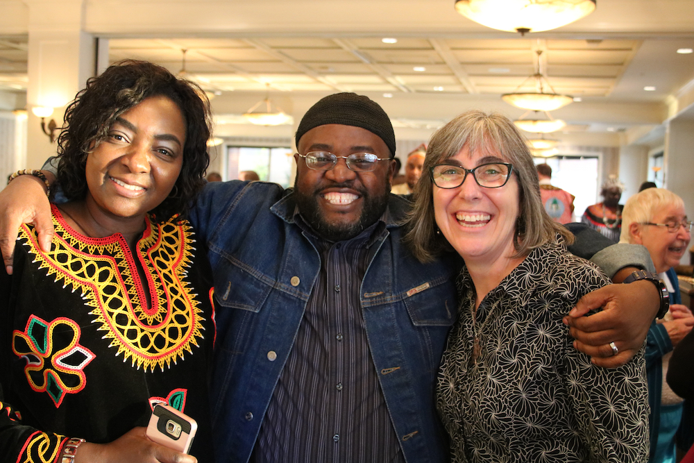 Cameroon natives Atanga Juliette, left, and Keafon Lanjo, center, join Franciscan Sisters of Perpetual Adoration President Sr. Eileen McKenzie at an April 25 town hall in La Crosse, Wisconsin, on the political and humanitarian crisis in Cameroon. (Courtesy of the Franciscan Sisters of Perpetual Adoration)