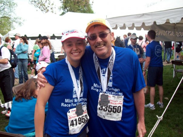 Sr. Tracey Horan and her dad at the finish line of a half-marathon (Provided photo)