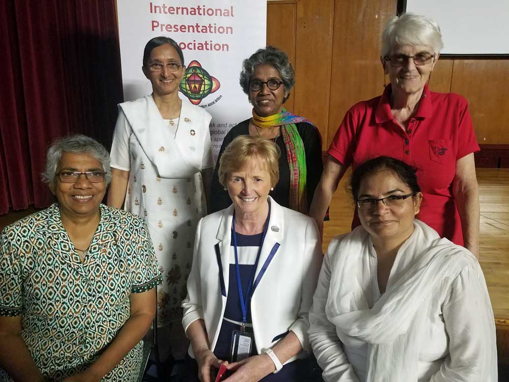 The group who participated in a July 17 event focused on the United Nations' sustainable development goals. Front row, from left: Presentation Sr. Elizabeth Juliana Rodrigues, who works in Zambia; Daughter of Wisdom Sr. Jean Quinn, executive director of UNANIMA International and the event's moderator; Presentation Sr. Shazia Gill, who works in Pakistan. Back row, from left: Presentation Sr. Nifa Viegas, who works in India; Sr. Elsa Muttathu, the representative at the United Nations for the International Presentation Association; and Presentation Sr. Helen Lenehan, who works in the Philippines. (GSR photo / Chris Herlinger)