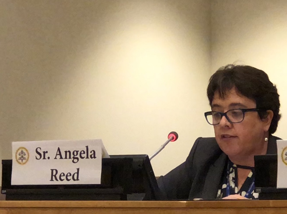 Sr. Angela Reed discusses human trafficking at a March 13 event sponsored by the Permanent Observer Mission of the Holy See during the U.N.'s Commission on the Status of Women. (Courtesy of Mercy Global at the United Nations)
