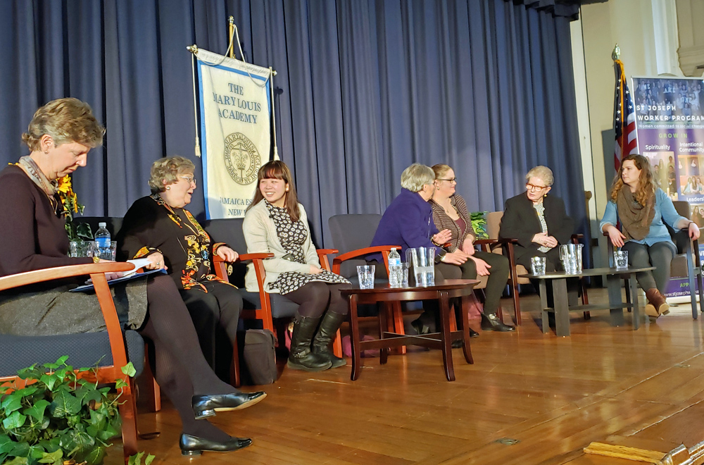 Sr. Annmarie Sanders, far left, leads a March 10 panel on the accomplishments and ongoing challenges for female theologians and biblical scholars at the Mary Louis Academy in Queens, New York. (GSR photo / Chris Herlinger)