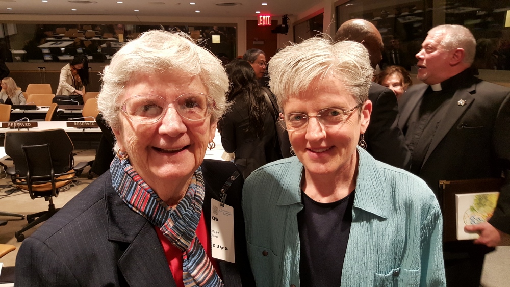 Sr. Eileen McCann, left, a member of the Brentwood Sisters of St. Joseph and an attorney representing immigrants in New York City, and Sr. Sue Wilson, director of the Federation of the Sisters of St. Joseph of Canada's Office for Systematic Justice. (GSR photo / Chris Herlinger)