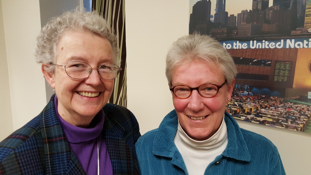 Sr. Michele Morek, coalition coordinator of UNANIMA International, left, and Sr. Margaret Mayce of the Dominican Leadership Conference. (GSR photo / Chris Herlinger)