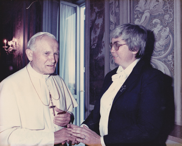 Pope John Paul II and Mercy Sr. Mary Ann Walsh at the Vatican in an undated photo. (CNS / L'Osservatore Romano)