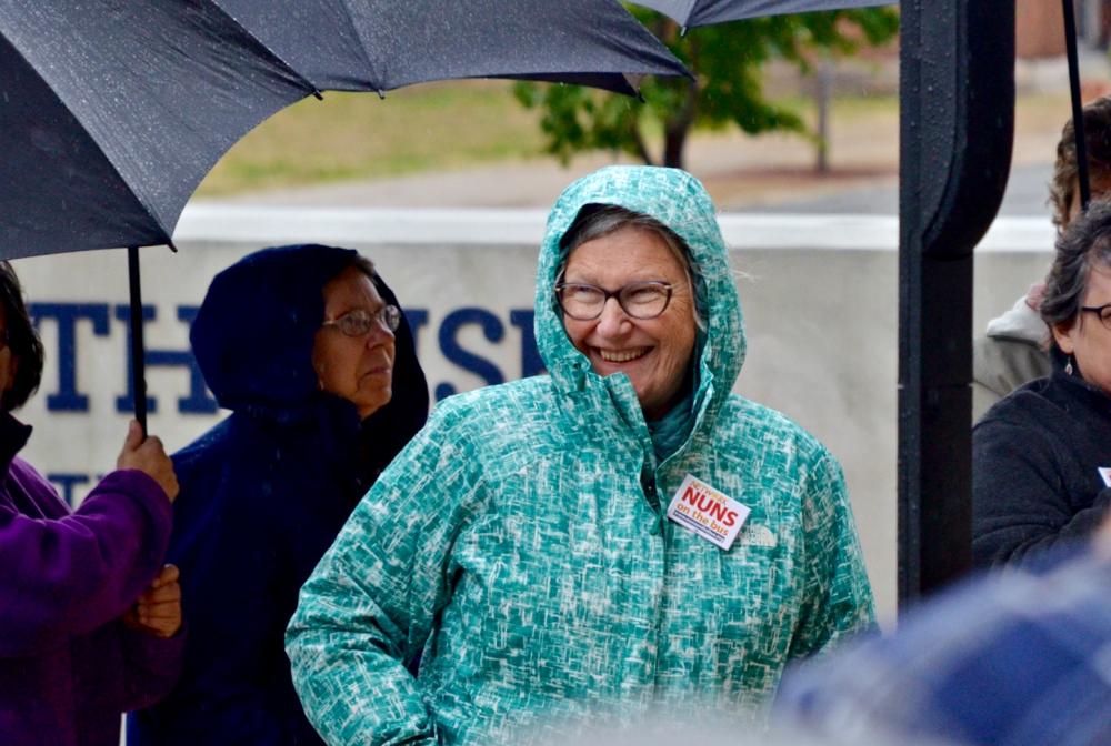 Social Service Sr. Simone Campbell, executive director of Network, is seen at a Nuns on the Bus stop in South Bend, Indiana, Oct. 19, 2018. (GSR photo / Dan Stockman)