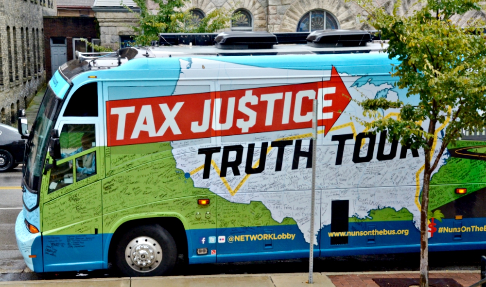 The Nuns on the Bus tour stops for a rally in South Bend, Indiana, Oct. 19. (GSR photo / Dan Stockman)