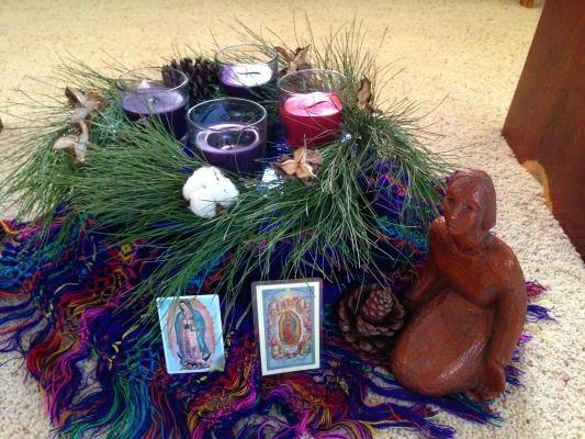 Advent wreath with Guadalupana prayer cards. (Janet Gildea)