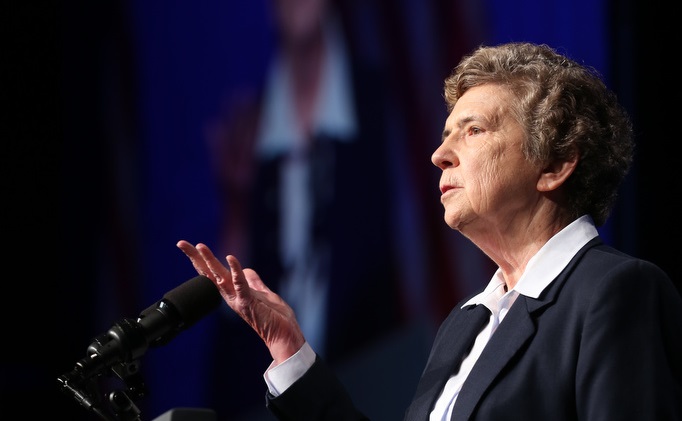 Sr. Carol Keehan, a Daughter of Charity, who is president and CEO of the Catholic Health Association, announced Oct. 30 she is retiring, effective June 30, 2019. She is pictured speaking in 2015 at CHA's annual assembly in Washington. (CNS/Bob Roller)