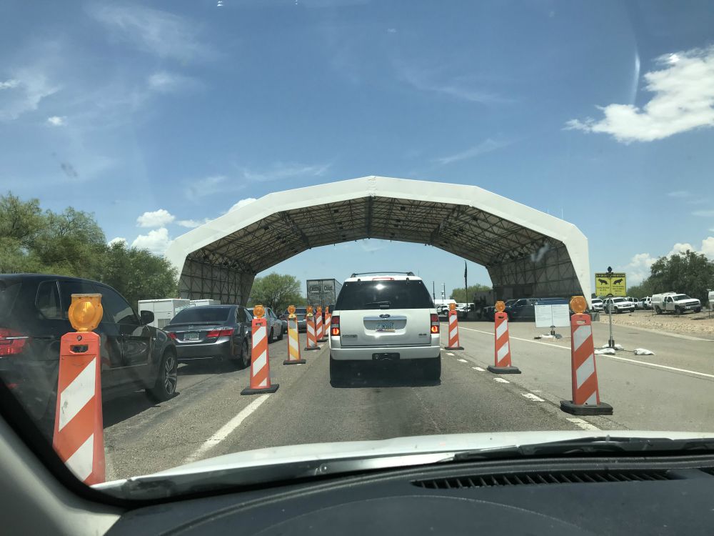 Approaching the U.S. Border Patrol checkpoint where cars are stopped on the way to Tucson, Arizona (Tracey Horan)