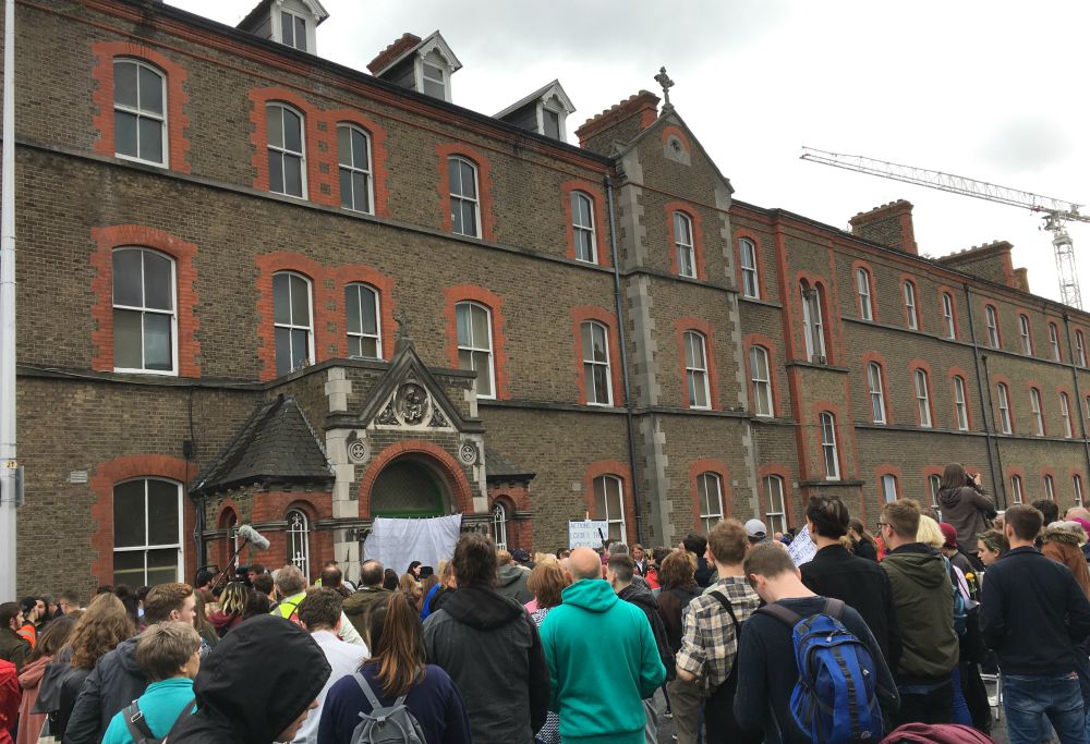 After the Stand4Truth rally Aug. 26, participants were led to the doors of Dublin's last Magdalene Laundry, which closed in 1996. (NCR photo / Jamie Manson)