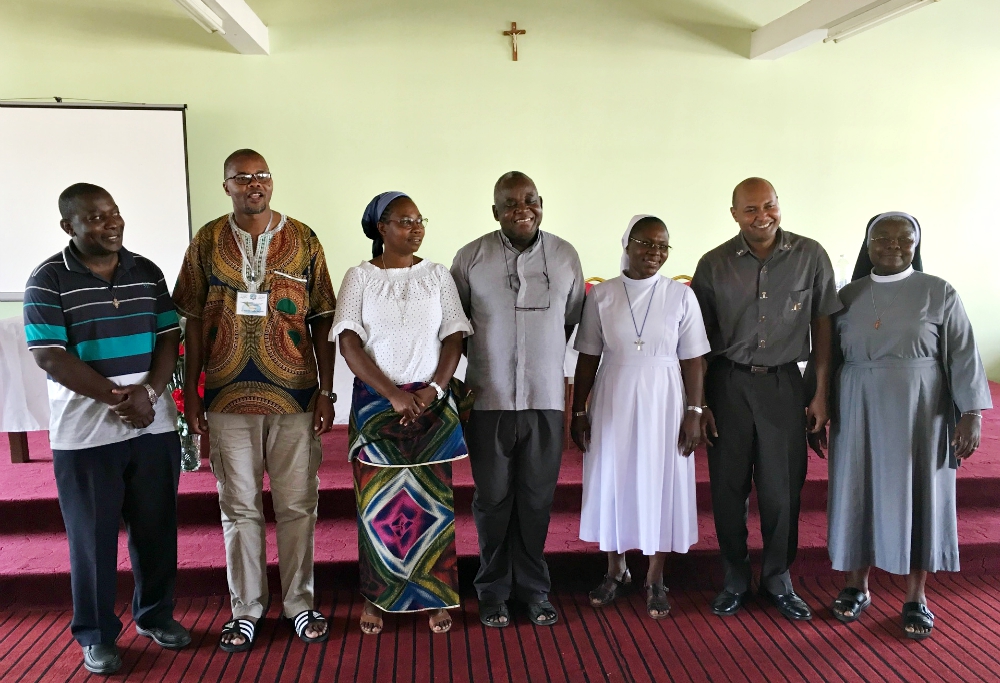 The new executive of COMSAM for 2018-21, from left: Conventual Franciscan Friar Richard Chimfwembe of Zambia; Blessed Sacrament Fr. Agostinho de Conceição Maholele of Mozambique; Charity Sr. Germaine Bayoundoula of Côte d'Ivoire; Josephite Fr. Guillaume Kipoy of Democratic Republic of Congo, COMSAM's new president; Sacred Heart Sr. Marie Diouf of Senegal, vice president; Spiritan Fr. Rodin Rabotovao of Madagascar; and Sr. Roberta Feh, a Tertiary Sister of St. Francis, of Cameroon. (Provided photo)