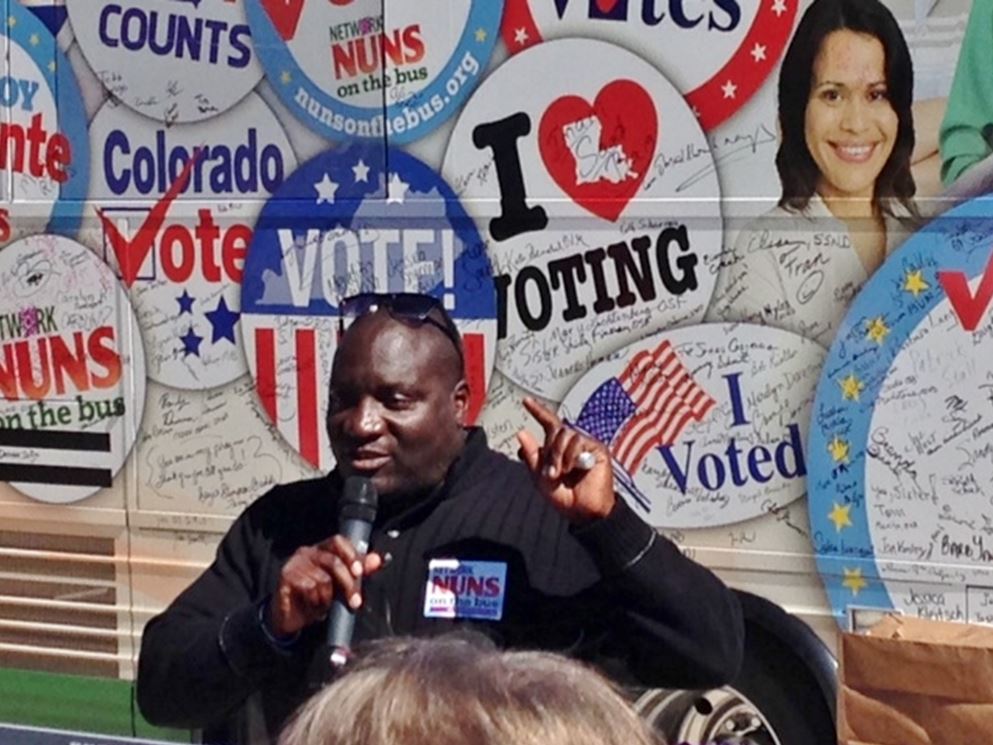 Kalamazoo, Michigan Mayor Bobby Hopewell addresses the crowd Friday, Sept. 26 at a rally in Dr. Martin Luther King Memorial Park where Nuns on the Bus stopped. (Courtesy of NETWORK)