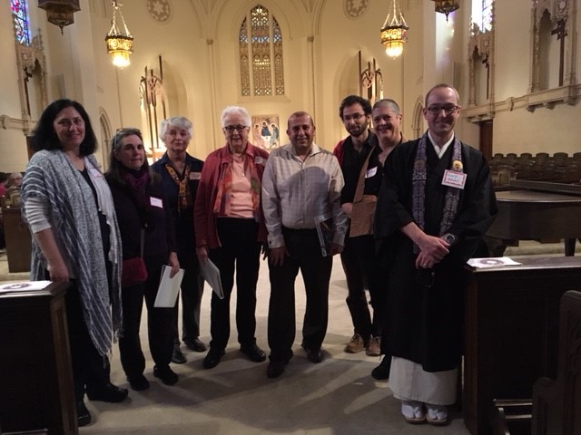 From left: Relli Siegel from Temple Beth El; Penni Thorpe from Peninsula Conflict Resolution Center in San Mateo; Mercy Sr. Pauline Borghello; Mercy Sr. Marguerite Buchanan; Brother Ali Shehadeh of the Yaseen Muslim Foundation; Adam Horowitz; the Rev. Beata Chapman from Open Zen South San Francisco; the Rev. Henry Adams from San Mateo Buddhist Temple at the Jan. 28 prayer service sponsored by the Burlingame Sisters of Mercy (Courtesy of Diane Fahrner)