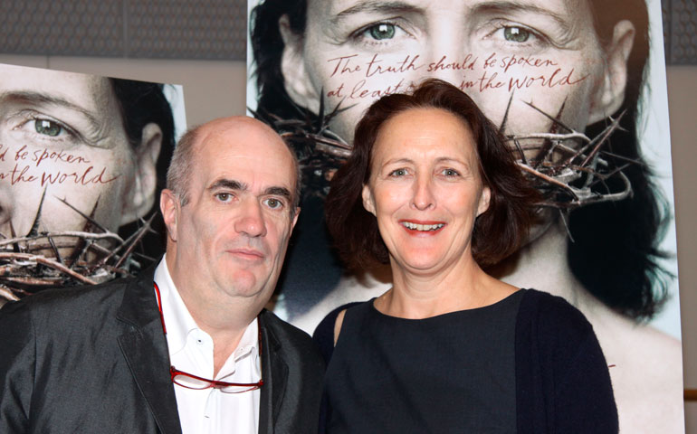 Colm Tóibín, left, author of The Testament of Mary, and actress Fiona Shaw appear at a March 14 press event in New York. Shaw stars in the one-woman adaptation of the novella that is scheduled to open on Broadway in April. (WENN.com/Joseph Marzullo)