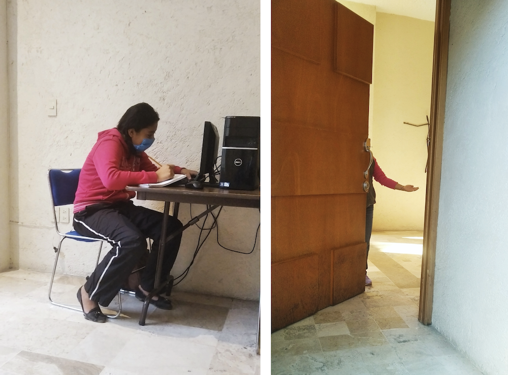 Ericka works in her online classes on the first floor of our house, following the necessary hygiene protocols. And the door of the Verbum Dei missionary house is open. (Blanca Alicia Sanchez) Ericka works in her online classes on the first floor of our house, following the necessary hygiene protocols. And the door of the Verbum Dei missionary house is open. (Blanca Alicia Sanchez)