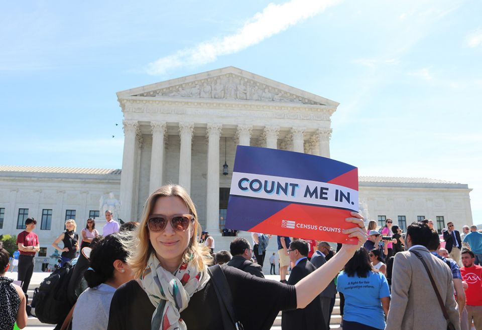 Sr. Quincy Howard takes part in a rally for an accurate Census count outside the Supreme Court April 23, 2019, in Washington. (Courtesy of Network)