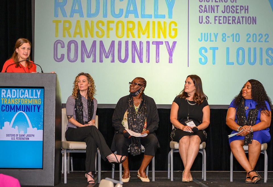 Panelists discuss injustices within the U.S. prison system at Event 2022, held July 8-10 in St. Louis, Missouri. Pictured (from left) are Lisa Cathelyn, April Foster, Barb Baker, Serena Martin-Liguori and Shameka Parrish-Wright. (Mary Sue Rosenthal Gee)